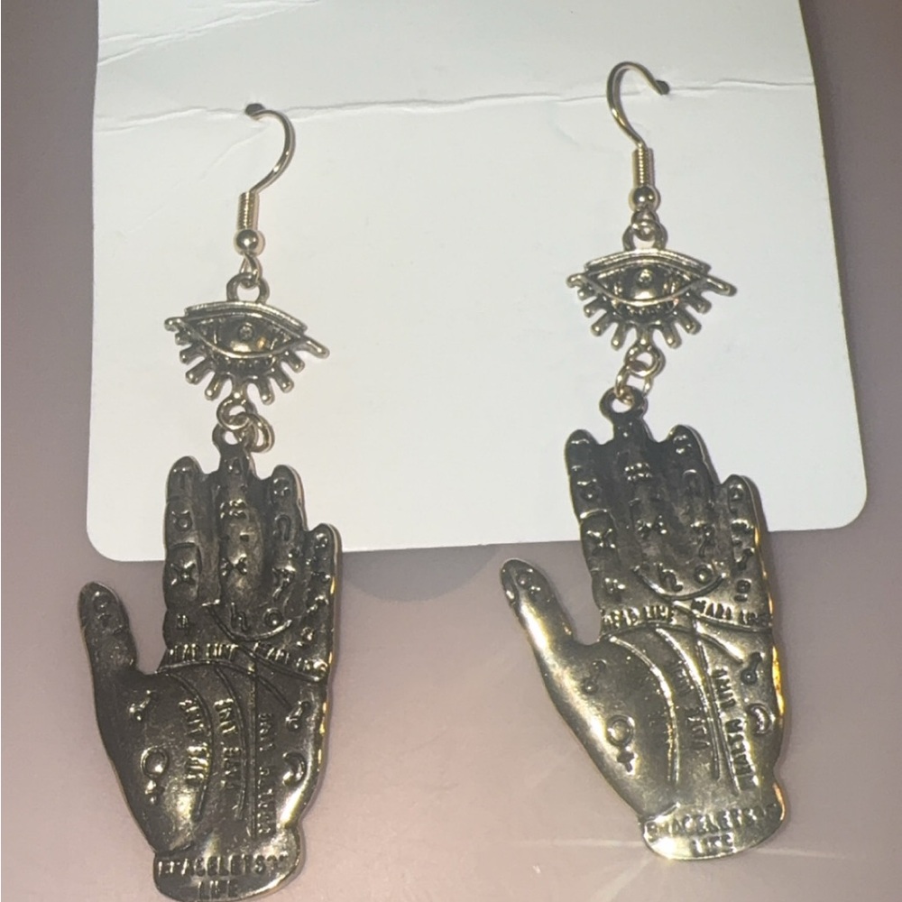 Gold Hand and Eye Dangle Earrings